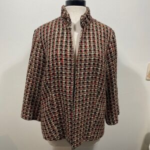 Chicos Tweed Jacket Women's Size XL Black Red Gold Collarless Blazer